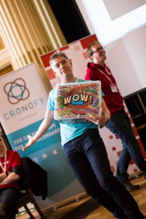 Adam Bird stylishly modelling one of the previous prizes from Hack24.